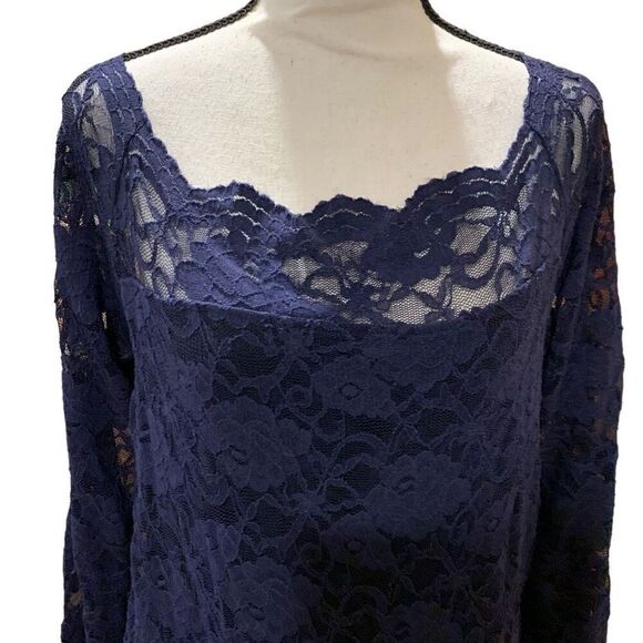 Torrid Lace L/S Top Off-Shoulder Partly Lined Scalloped Neck Navy Blue Sz 2 (2X) - Picture 6 of 9